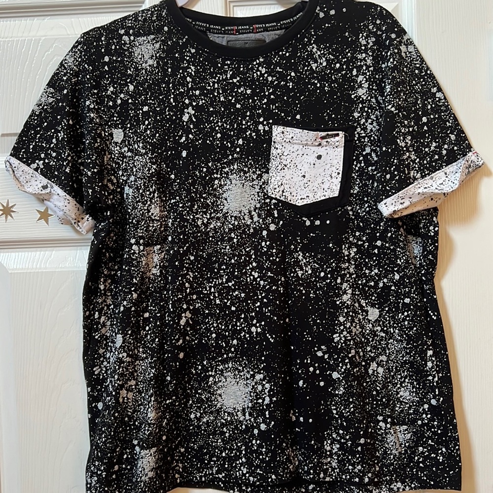 Steve’s Jeans Black w/ Grey & White Splash Short Sleeve T-shirt w/ Pocket Med